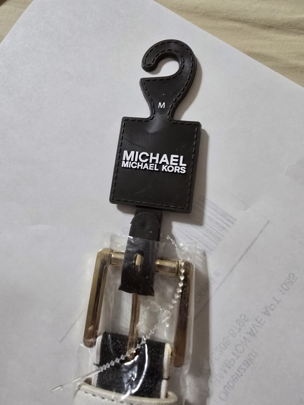 MICHAEL Michael Kors White and Black Leather Belt with Gold Buckle